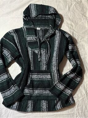 Striped Hooded Baja Hoodie in Dark Green & Black